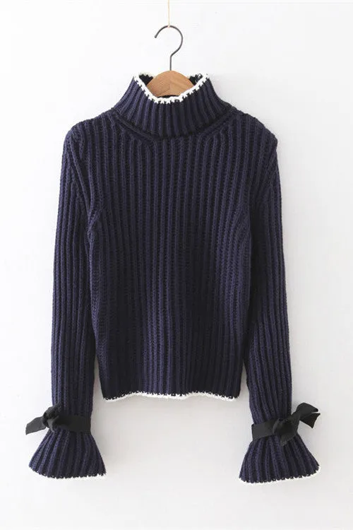 Long Trumpet Sleeves High Neck Pure Color Bow Sweater