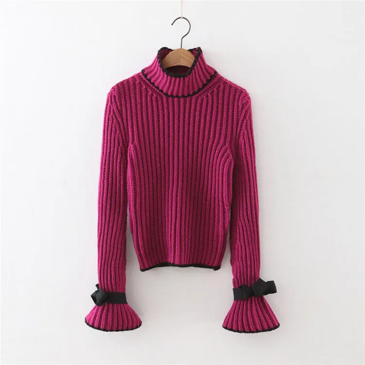 Long Trumpet Sleeves High Neck Pure Color Bow Sweater