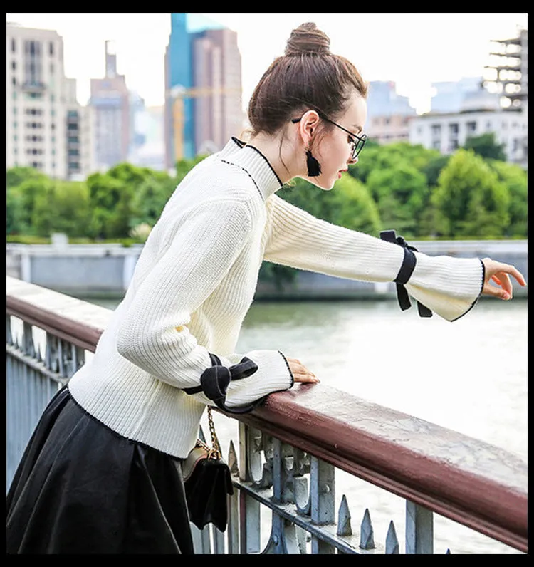 Long Trumpet Sleeves High Neck Pure Color Bow Sweater