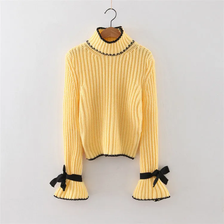 Long Trumpet Sleeves High Neck Pure Color Bow Sweater