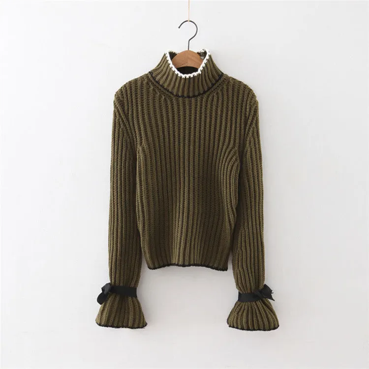 Long Trumpet Sleeves High Neck Pure Color Bow Sweater