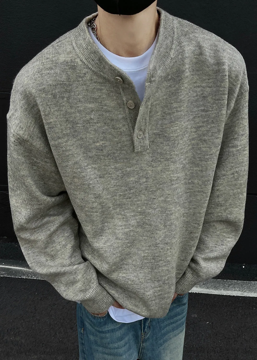 Loose Grey Button Solid Knit Men Sweaters Spring TK014