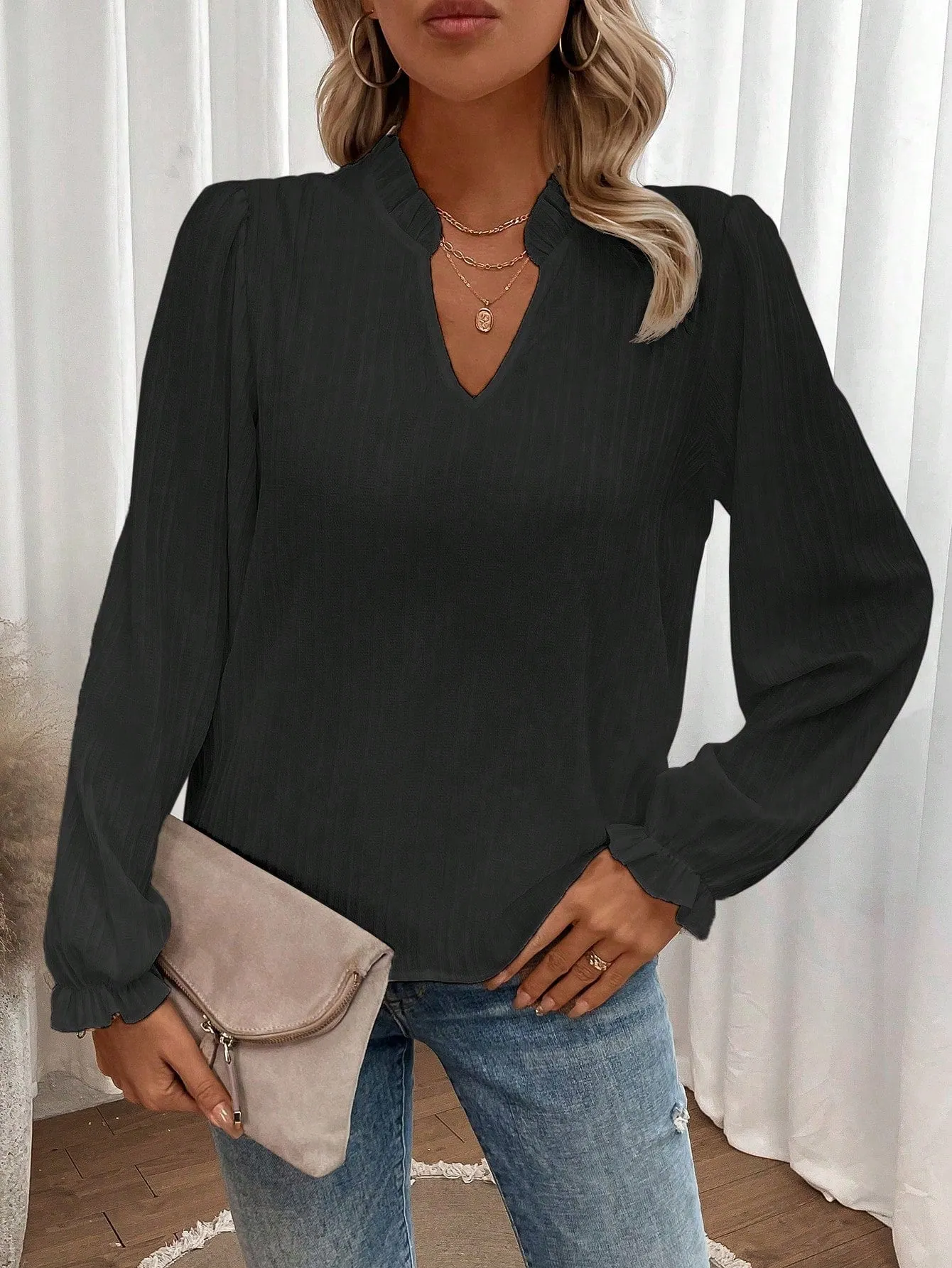 LUNE Notched Neckline Flounce Sleeve Blouse