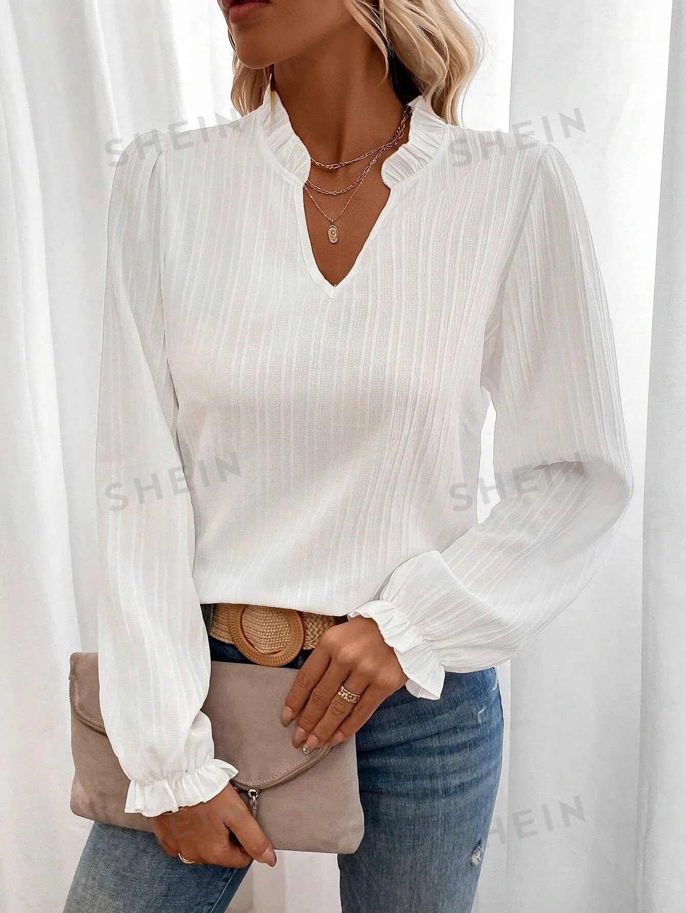 LUNE Notched Neckline Flounce Sleeve Blouse