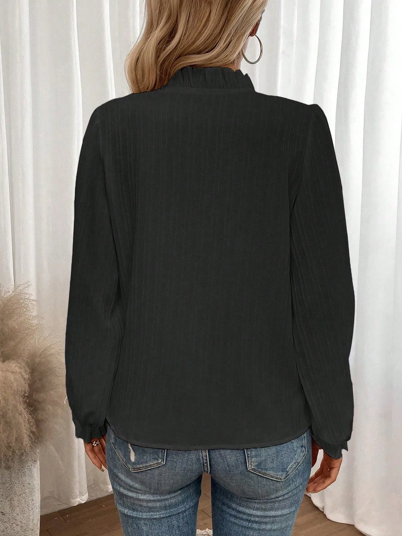 LUNE Notched Neckline Flounce Sleeve Blouse