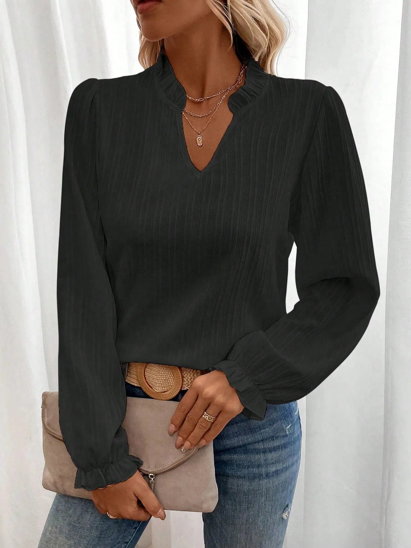 LUNE Notched Neckline Flounce Sleeve Blouse