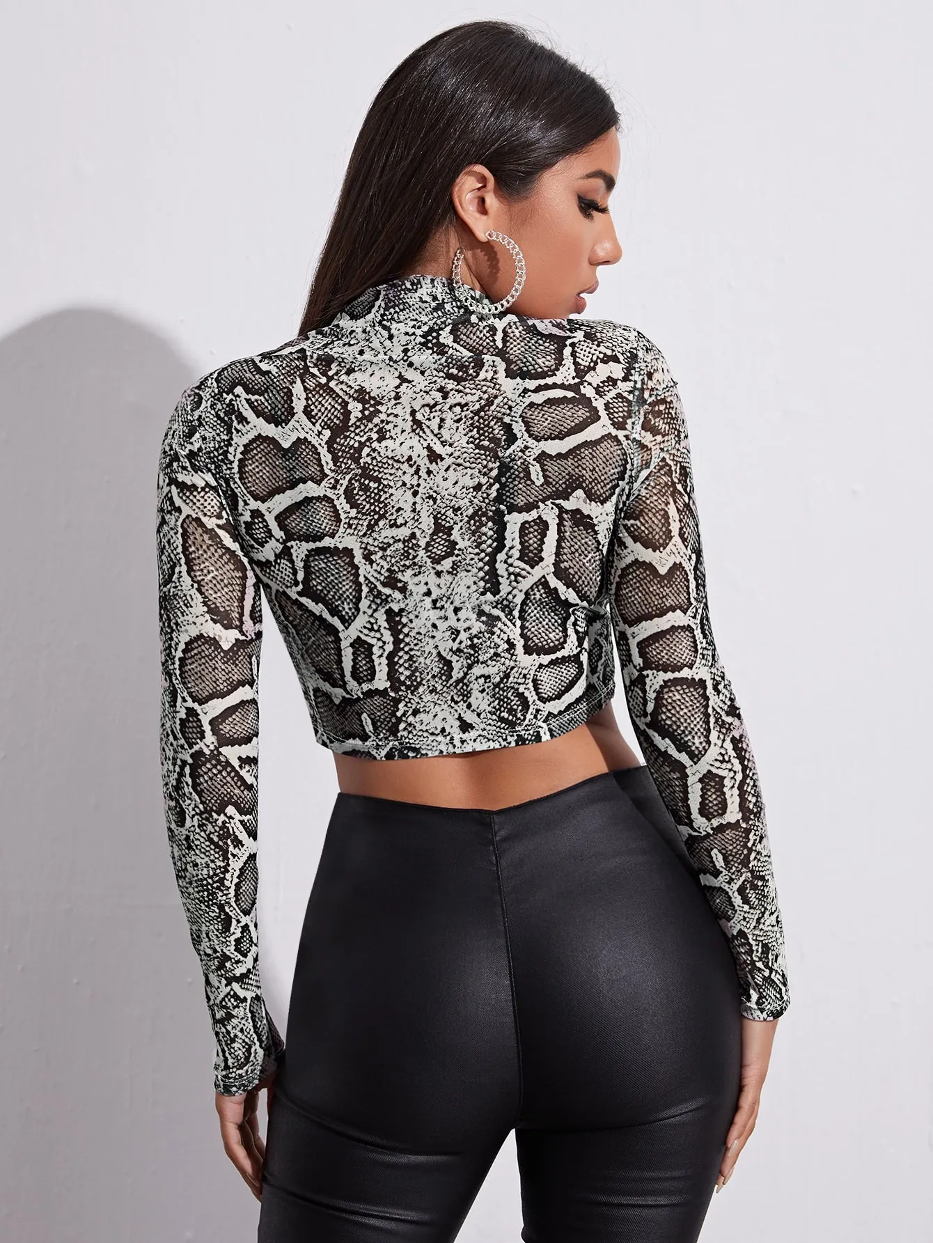 Mock Neck Snakeskin Print Mesh Crop Top