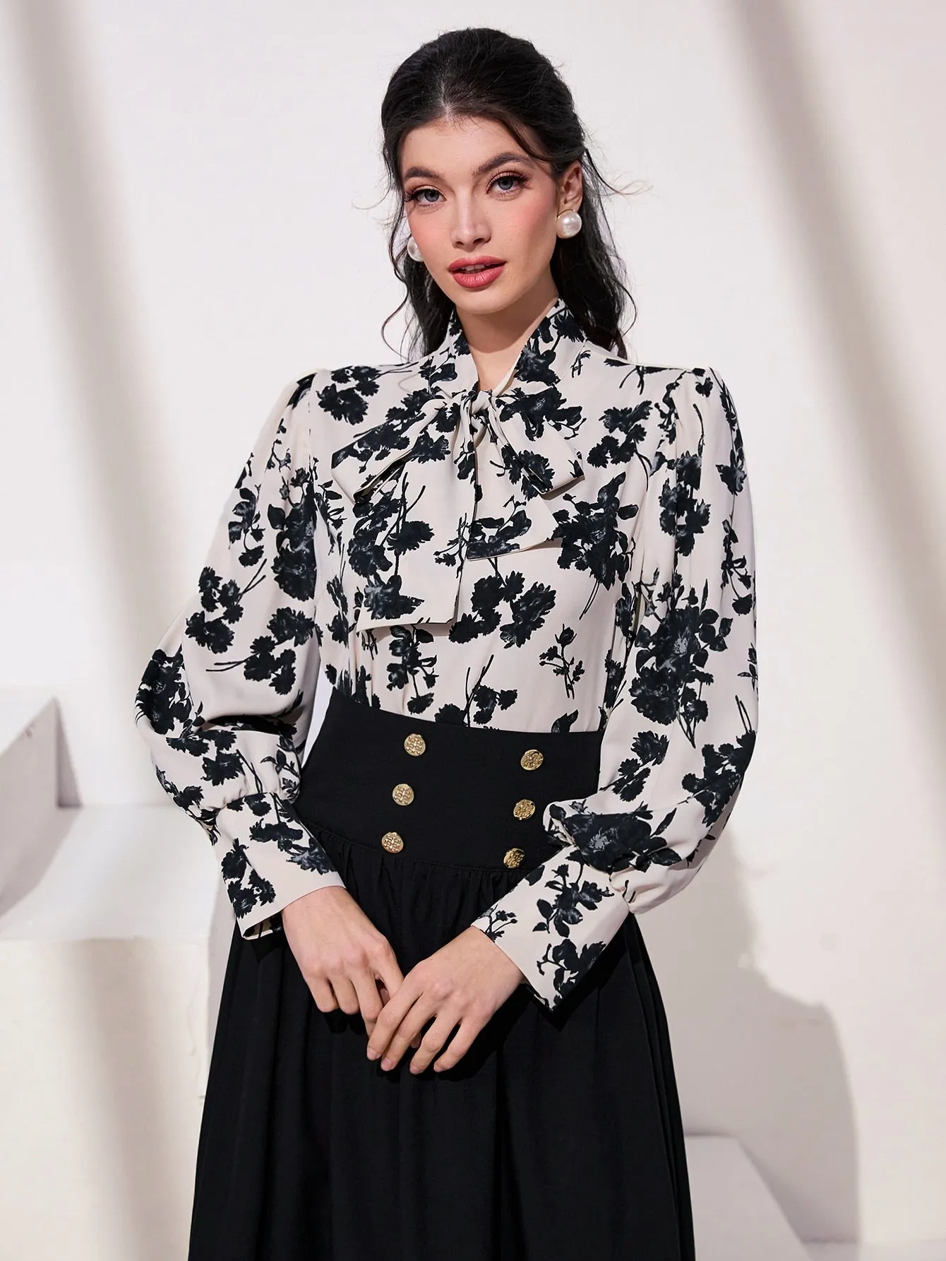 Mulvari Floral Print Tie Neck Lantern Sleeve Blouse