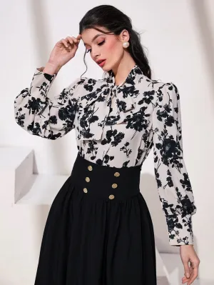 Mulvari Floral Print Tie Neck Lantern Sleeve Blouse