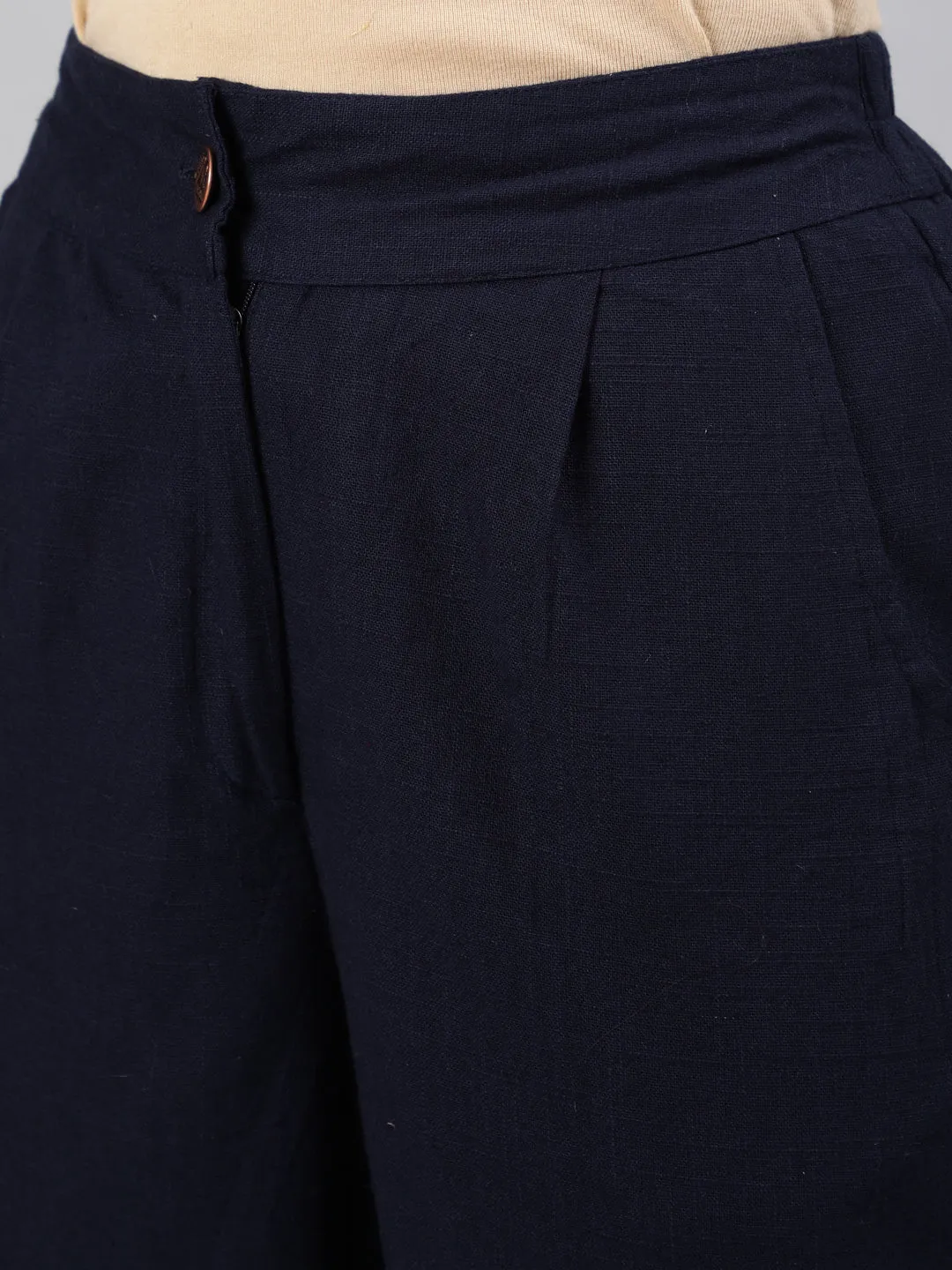 Navy Blue Cotton Slub Straight High Rise Bottom-Fold Pants