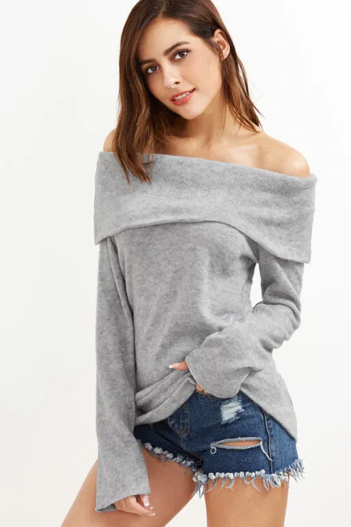 Off Shoulder Curled Loose Pullover Sweater