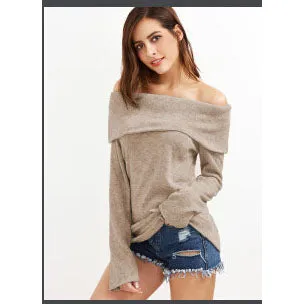 Off Shoulder Curled Loose Pullover Sweater