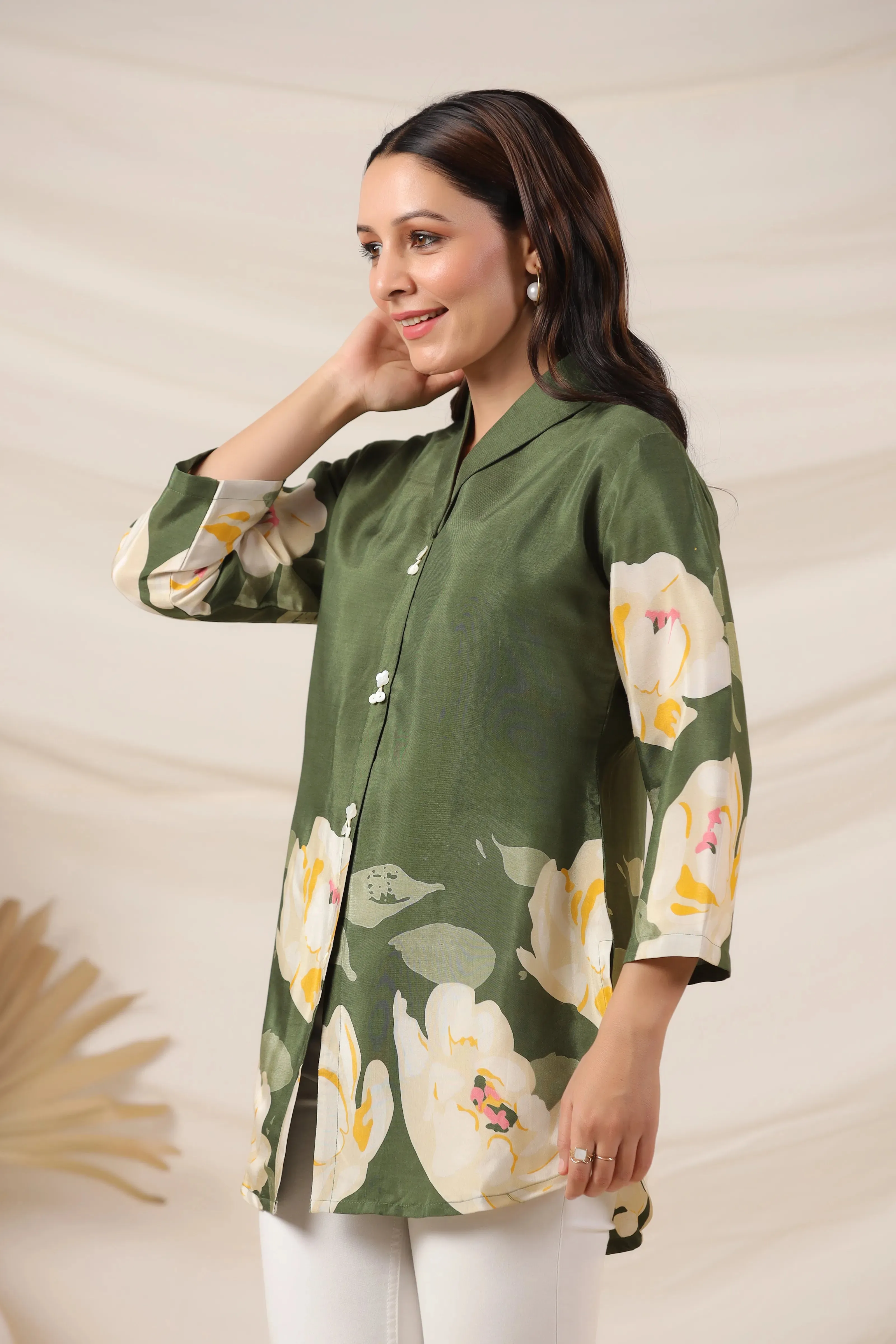 Olive Green Bold Floral Printed Top in Russian Silk