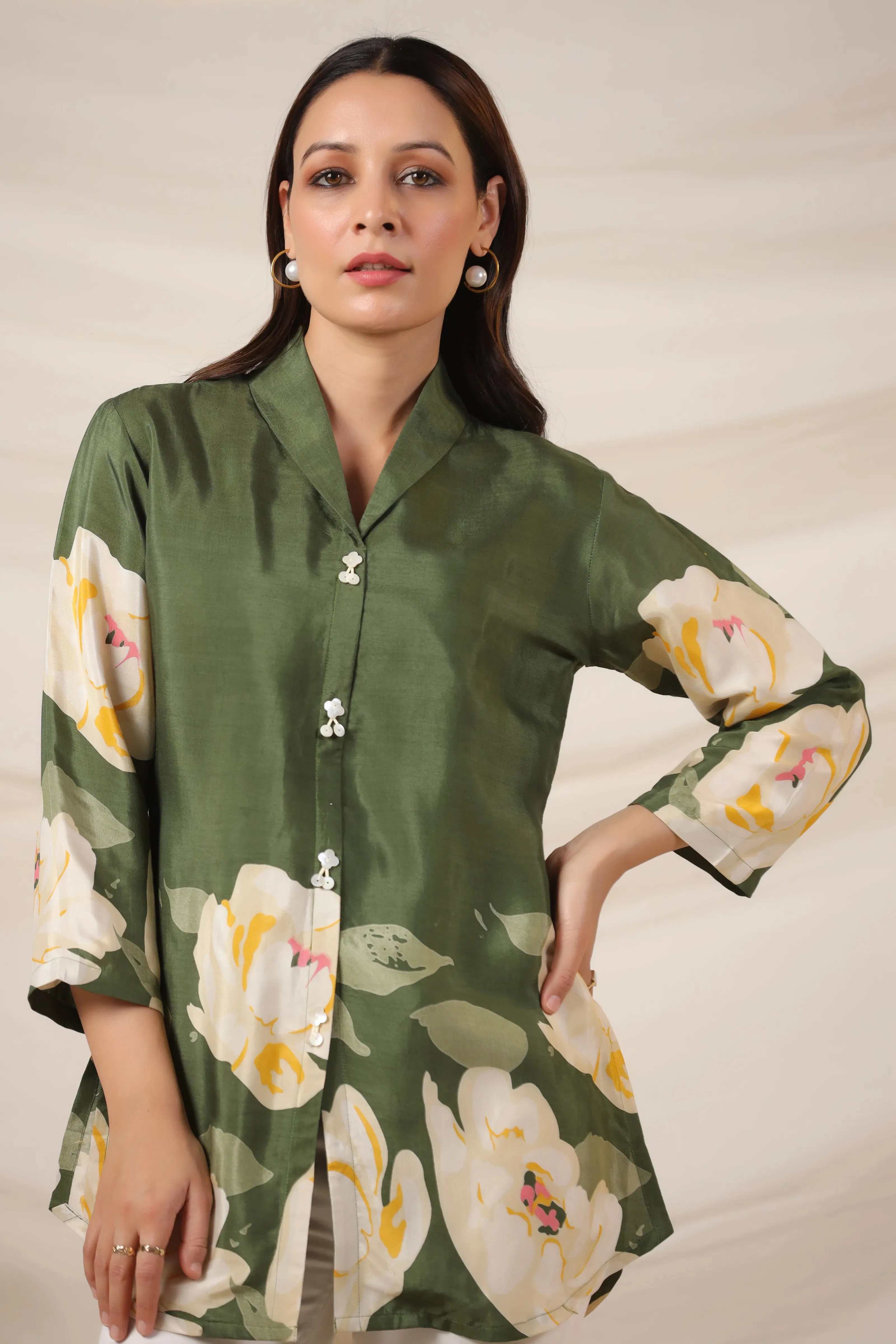 Olive Green Bold Floral Printed Top in Russian Silk