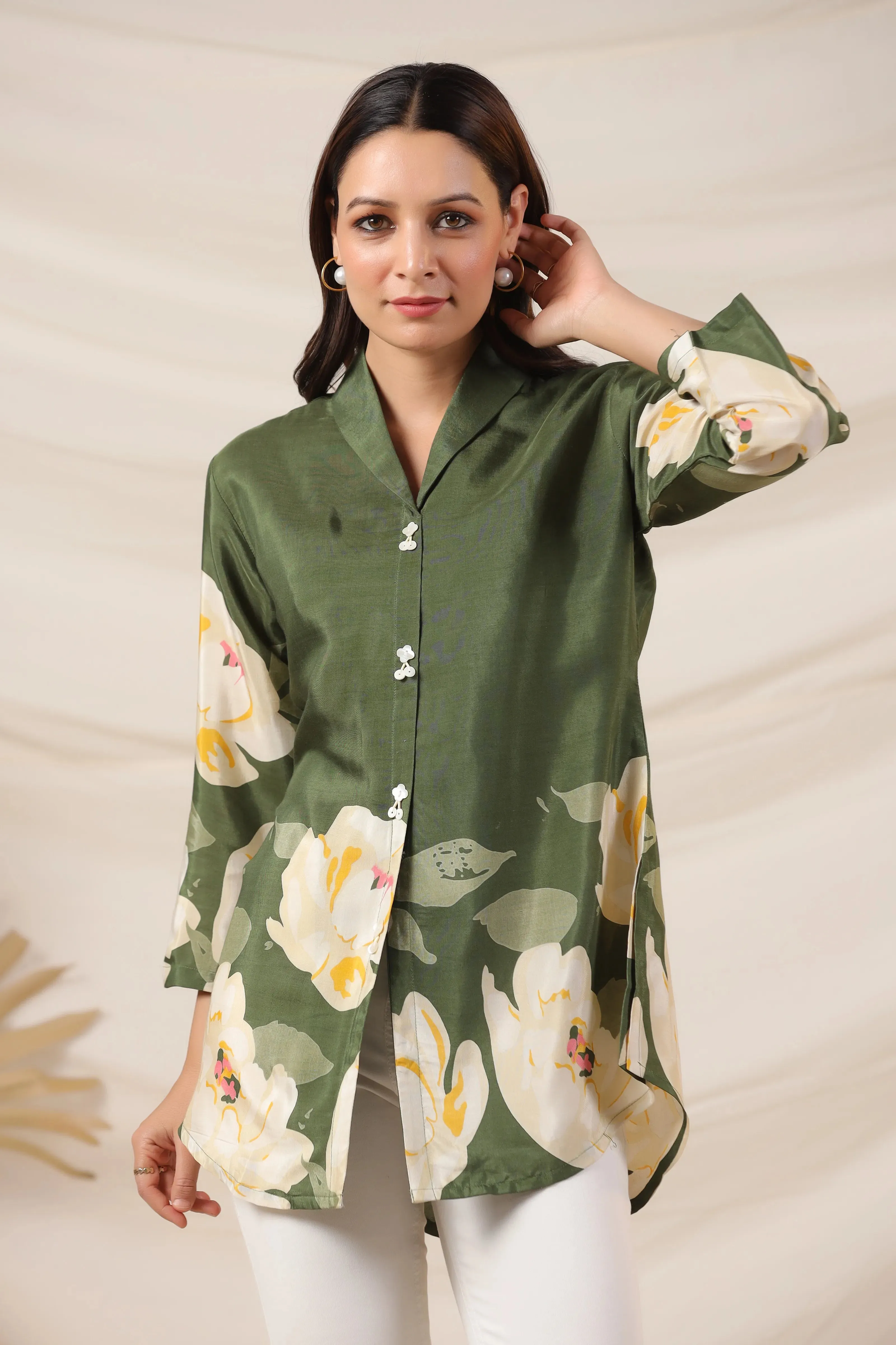 Olive Green Bold Floral Printed Top in Russian Silk