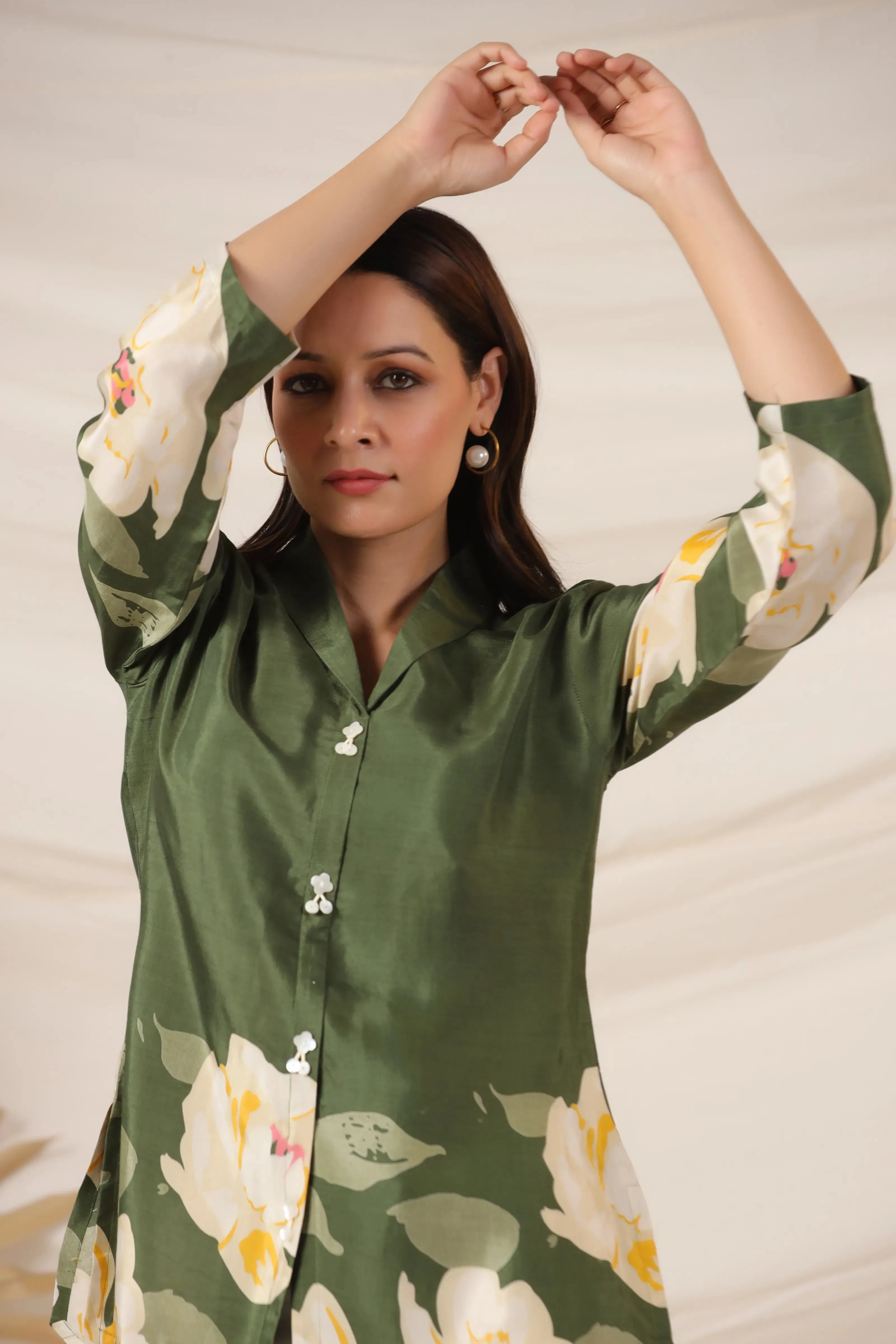 Olive Green Bold Floral Printed Top in Russian Silk