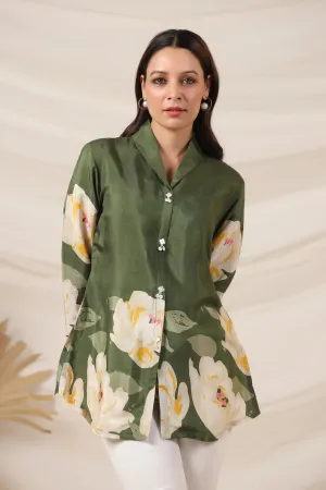 Olive Green Bold Floral Printed Top in Russian Silk