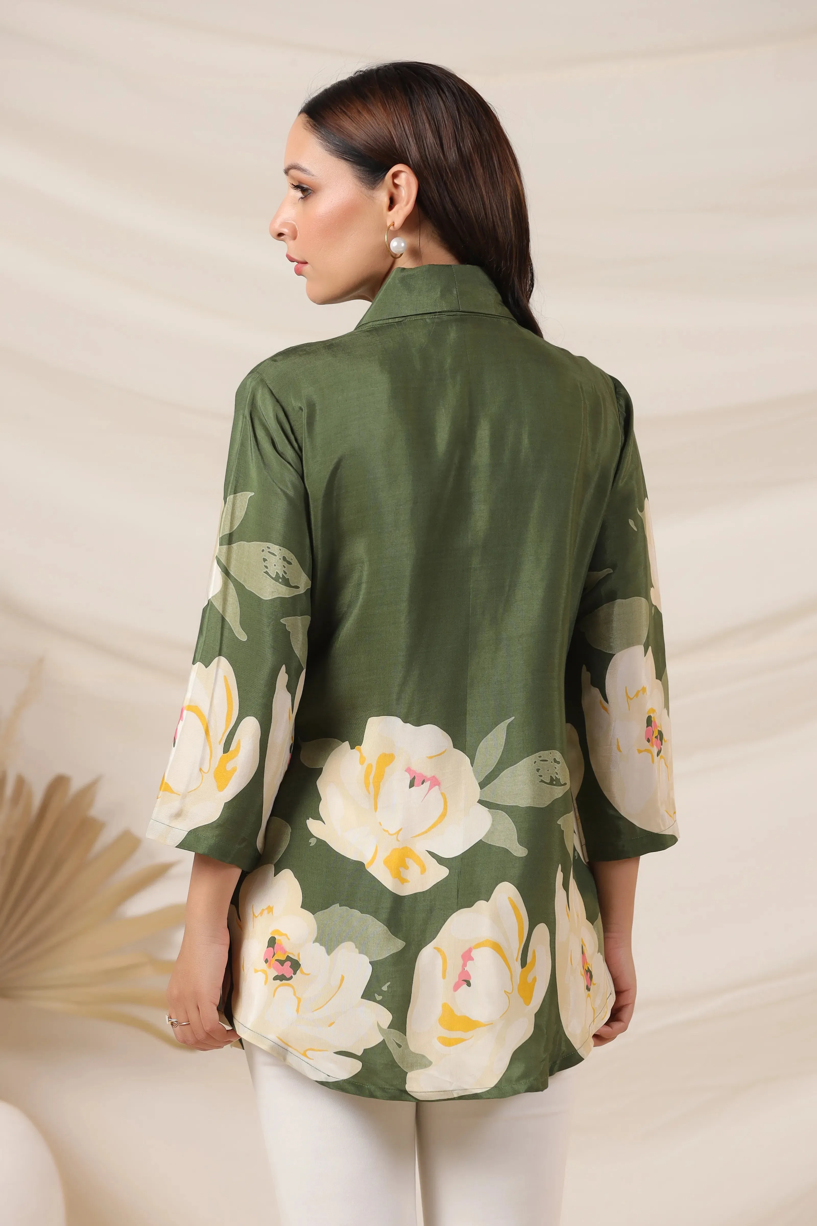 Olive Green Bold Floral Printed Top in Russian Silk