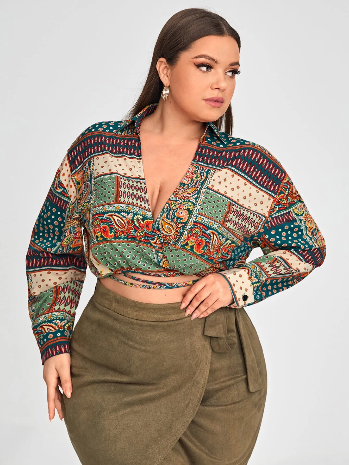 Paisley Wrap Long Sleeve Collar Crop Plus Size Blouse