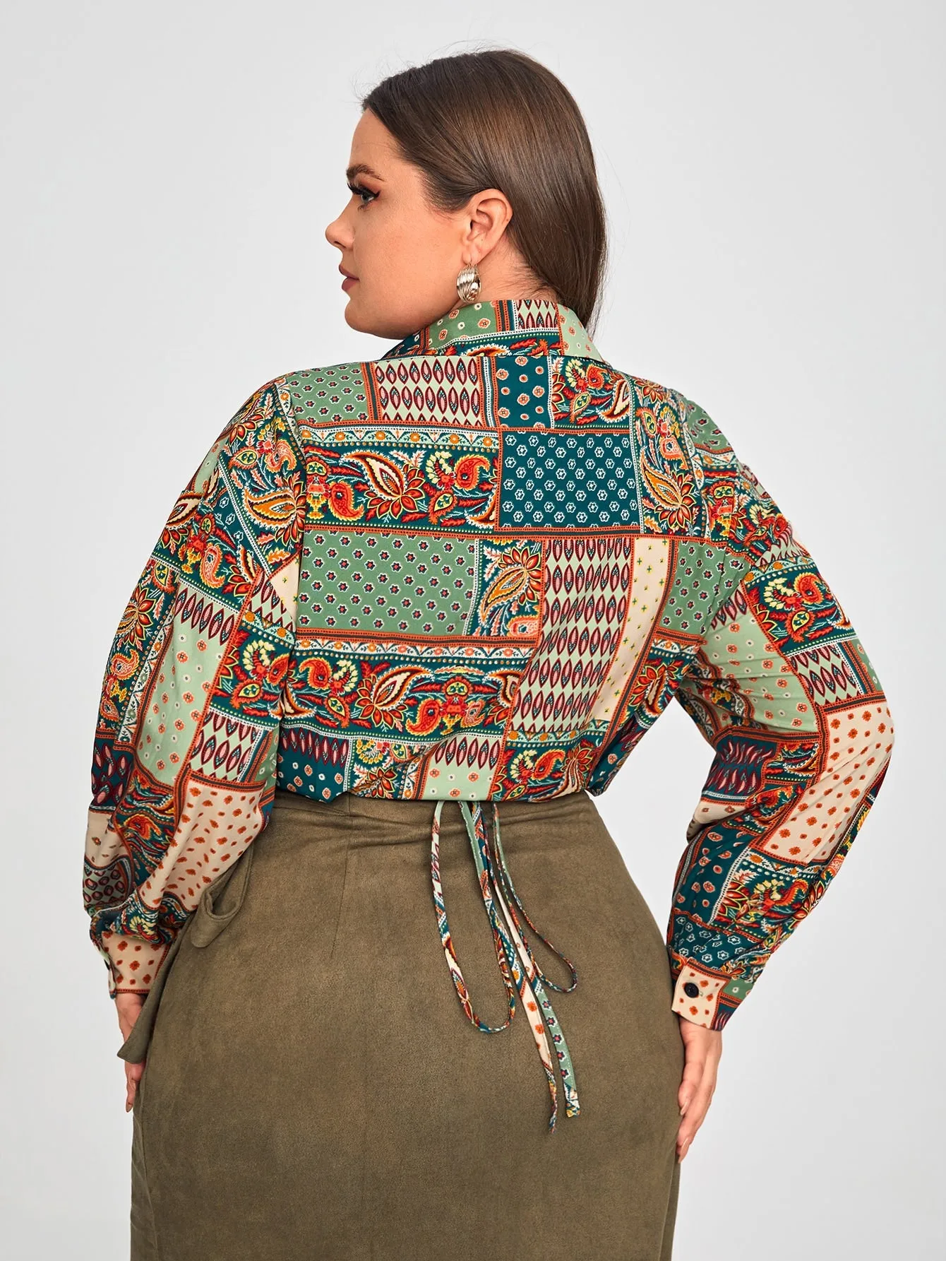 Paisley Wrap Long Sleeve Collar Crop Plus Size Blouse