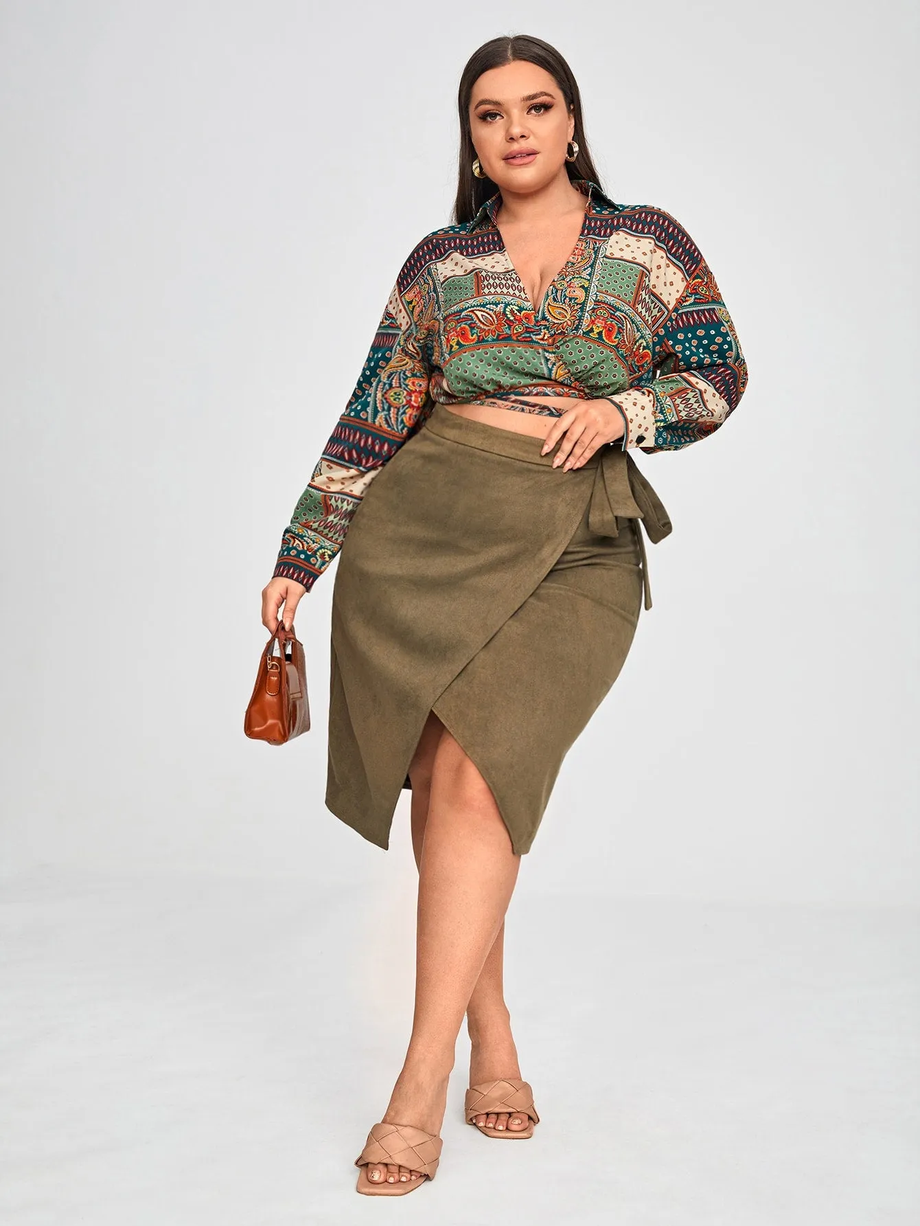 Paisley Wrap Long Sleeve Collar Crop Plus Size Blouse