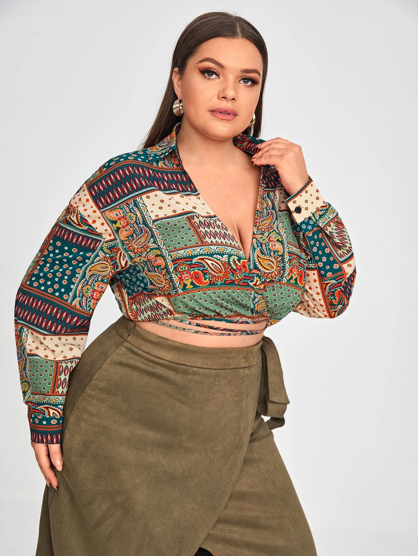 Paisley Wrap Long Sleeve Collar Crop Plus Size Blouse