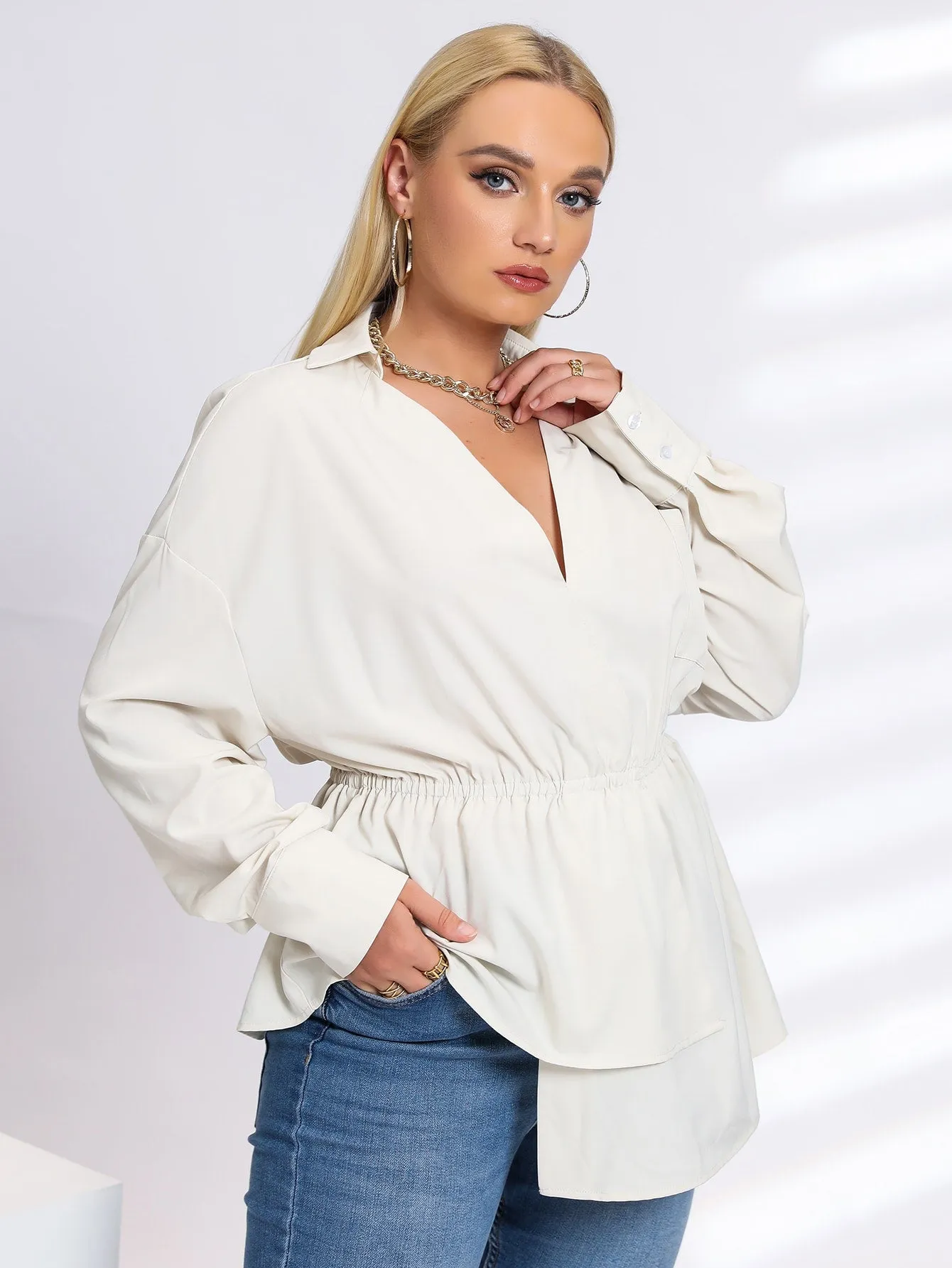 Plain Asymmetrical Long Sleeve V Neck Long Plus Size Blouse