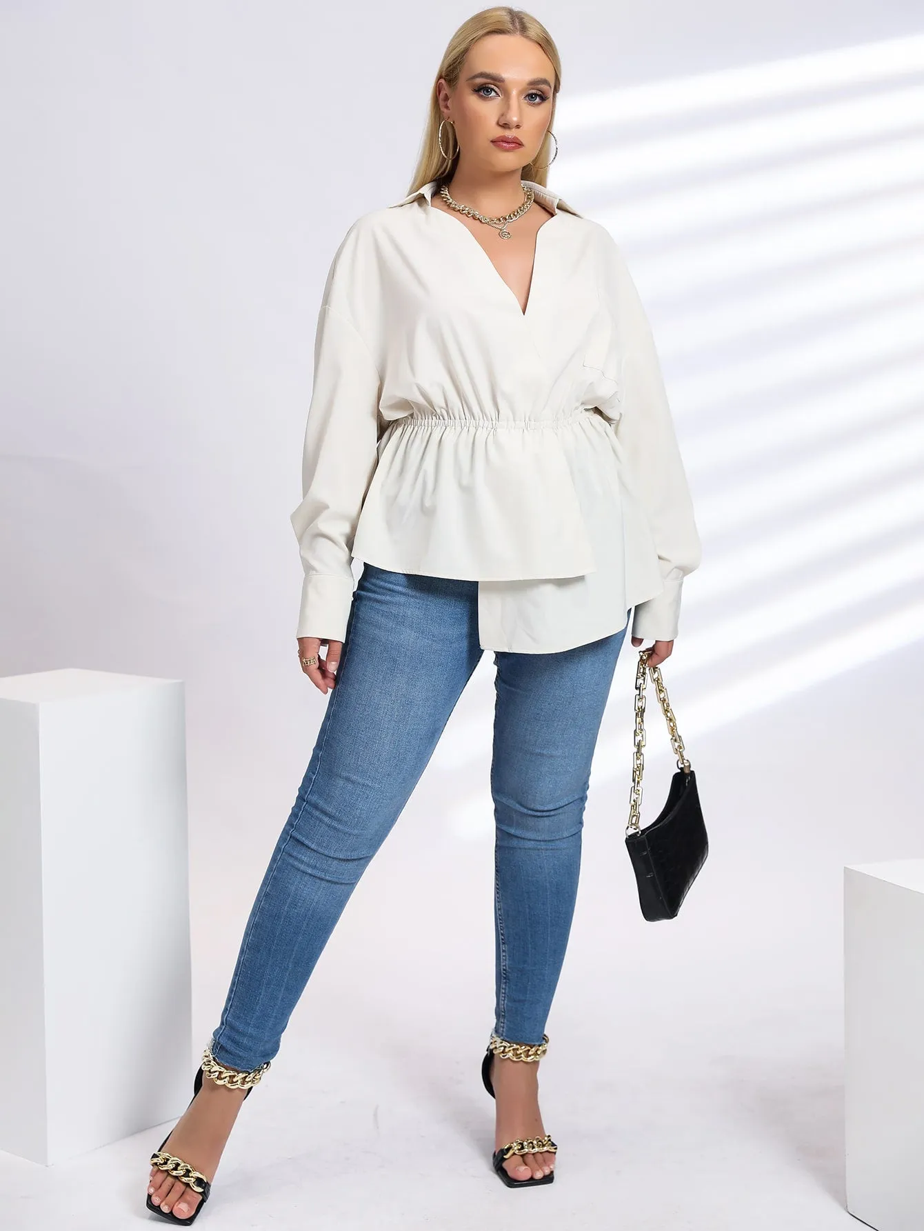 Plain Asymmetrical Long Sleeve V Neck Long Plus Size Blouse