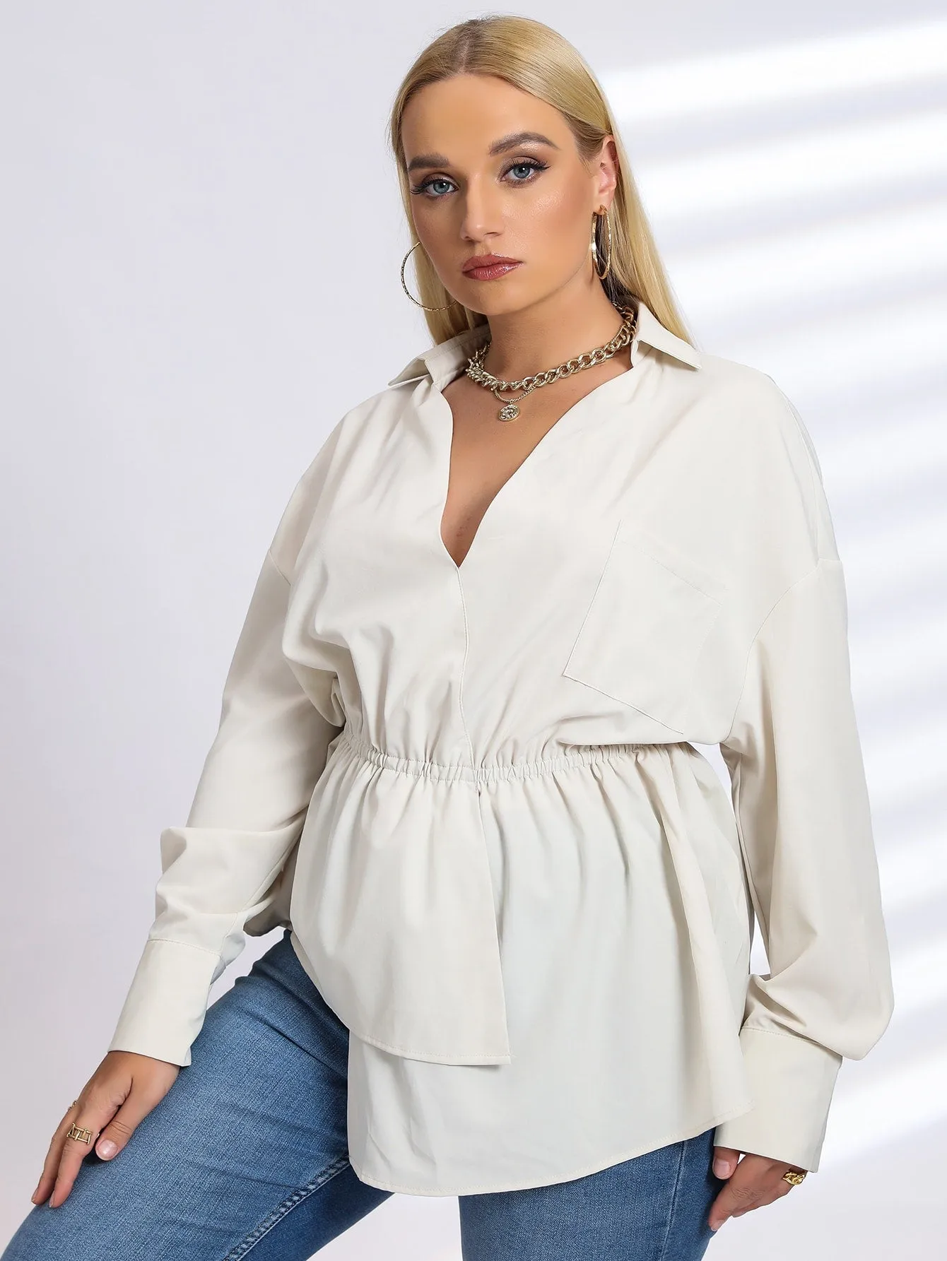 Plain Asymmetrical Long Sleeve V Neck Long Plus Size Blouse