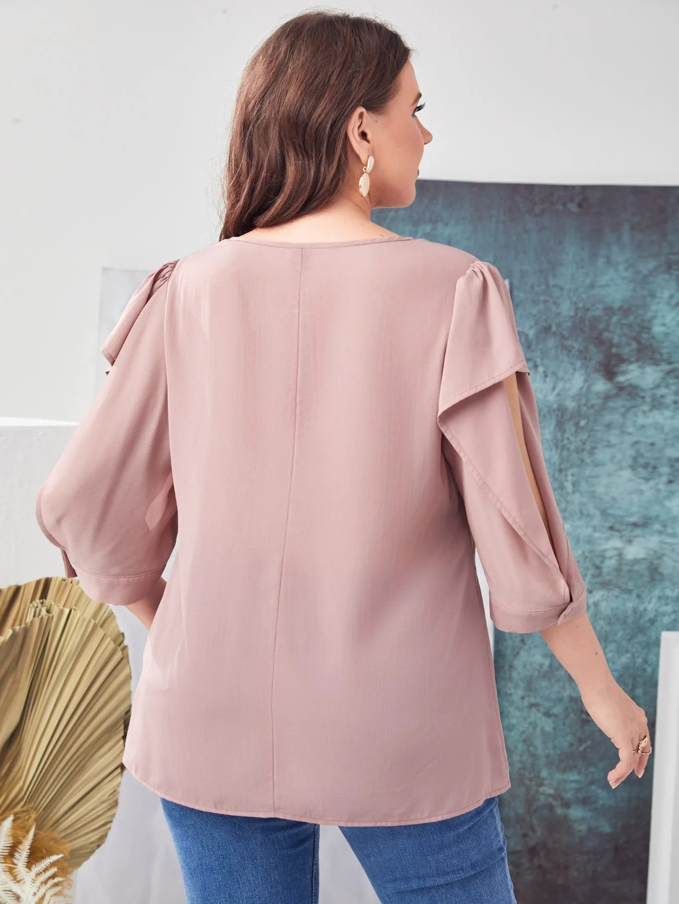Plain Cut Out Three Quarter Length Sleeve V Neck Long Plus Size Blouse