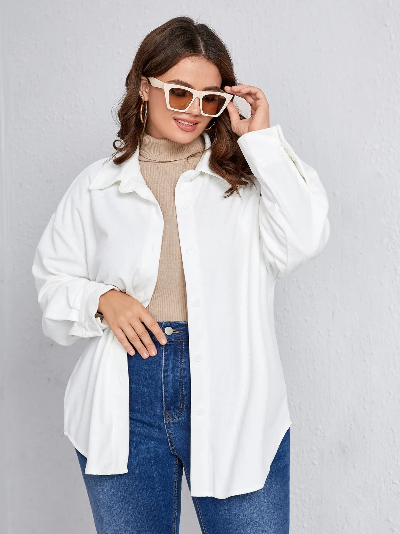 Plain Long Sleeve Collar Long Plus Size Blouse