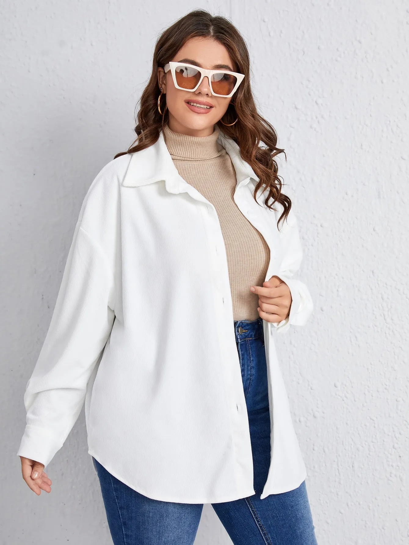 Plain Long Sleeve Collar Long Plus Size Blouse
