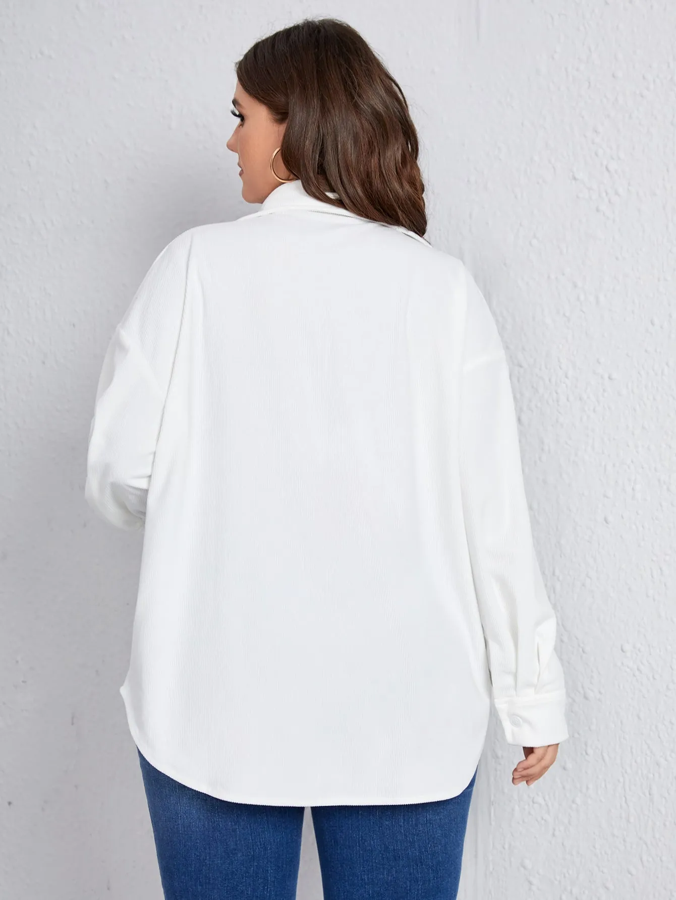 Plain Long Sleeve Collar Long Plus Size Blouse