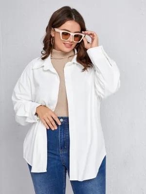 Plain Long Sleeve Collar Long Plus Size Blouse