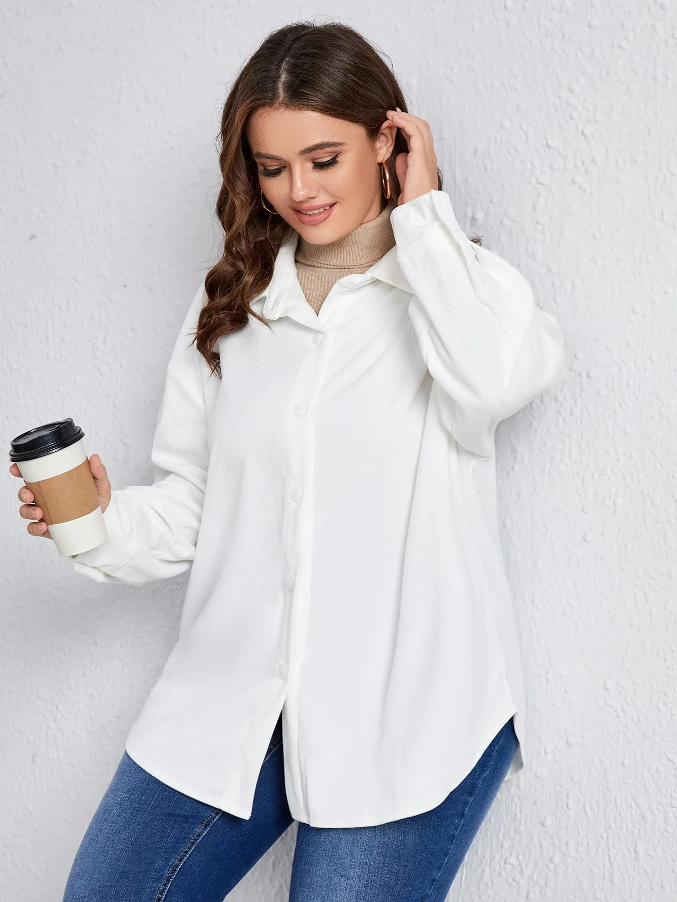 Plain Long Sleeve Collar Long Plus Size Blouse