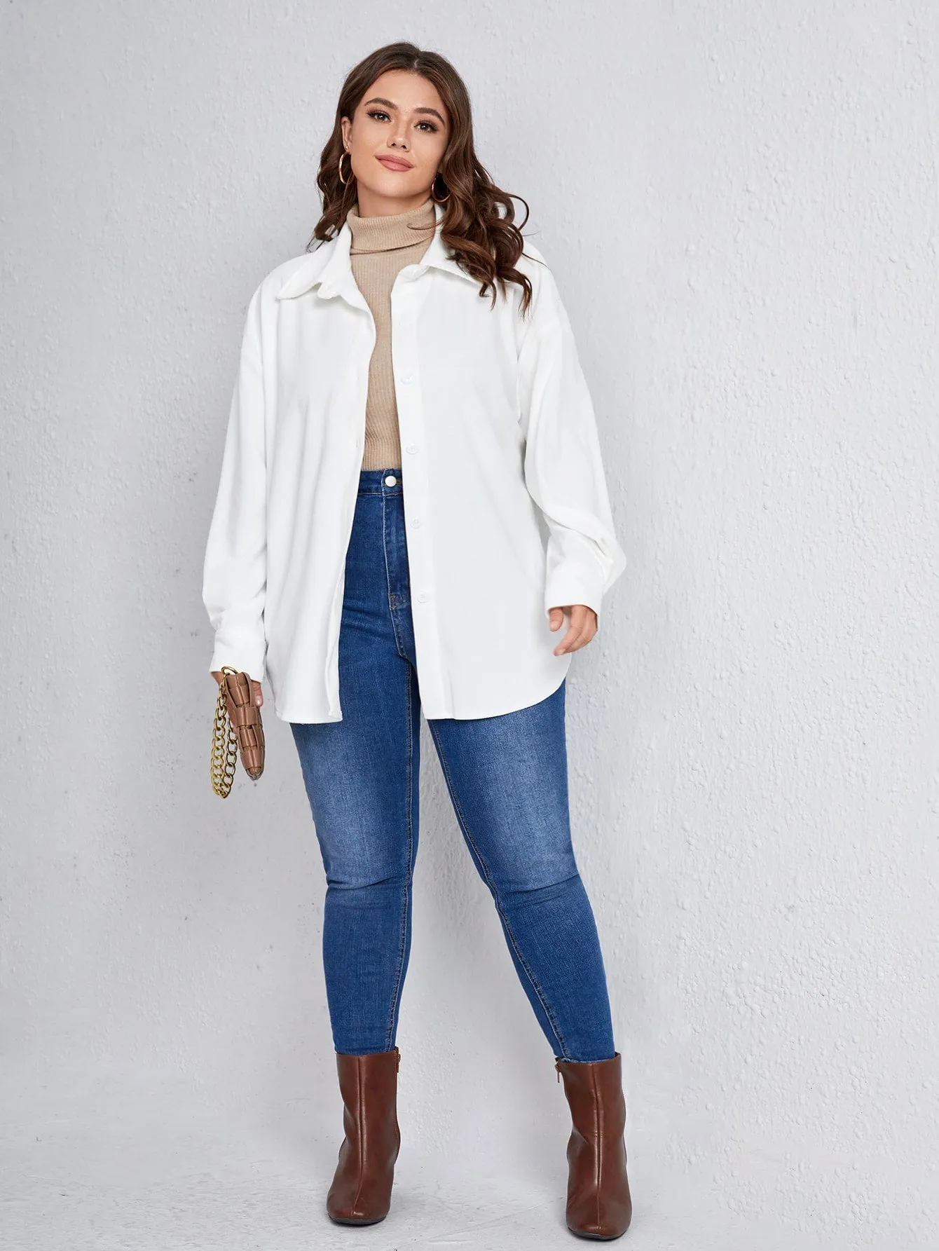Plain Long Sleeve Collar Long Plus Size Blouse