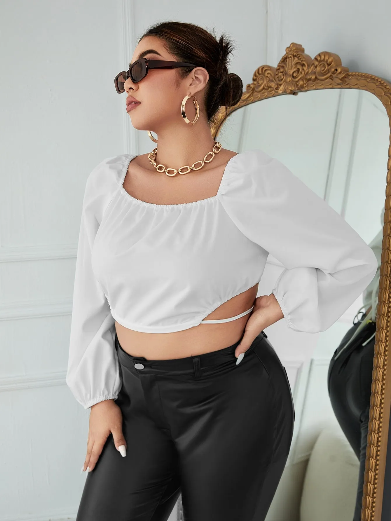Plain Tie Back Long Sleeve Square Neck Crop Plus Size Blouse