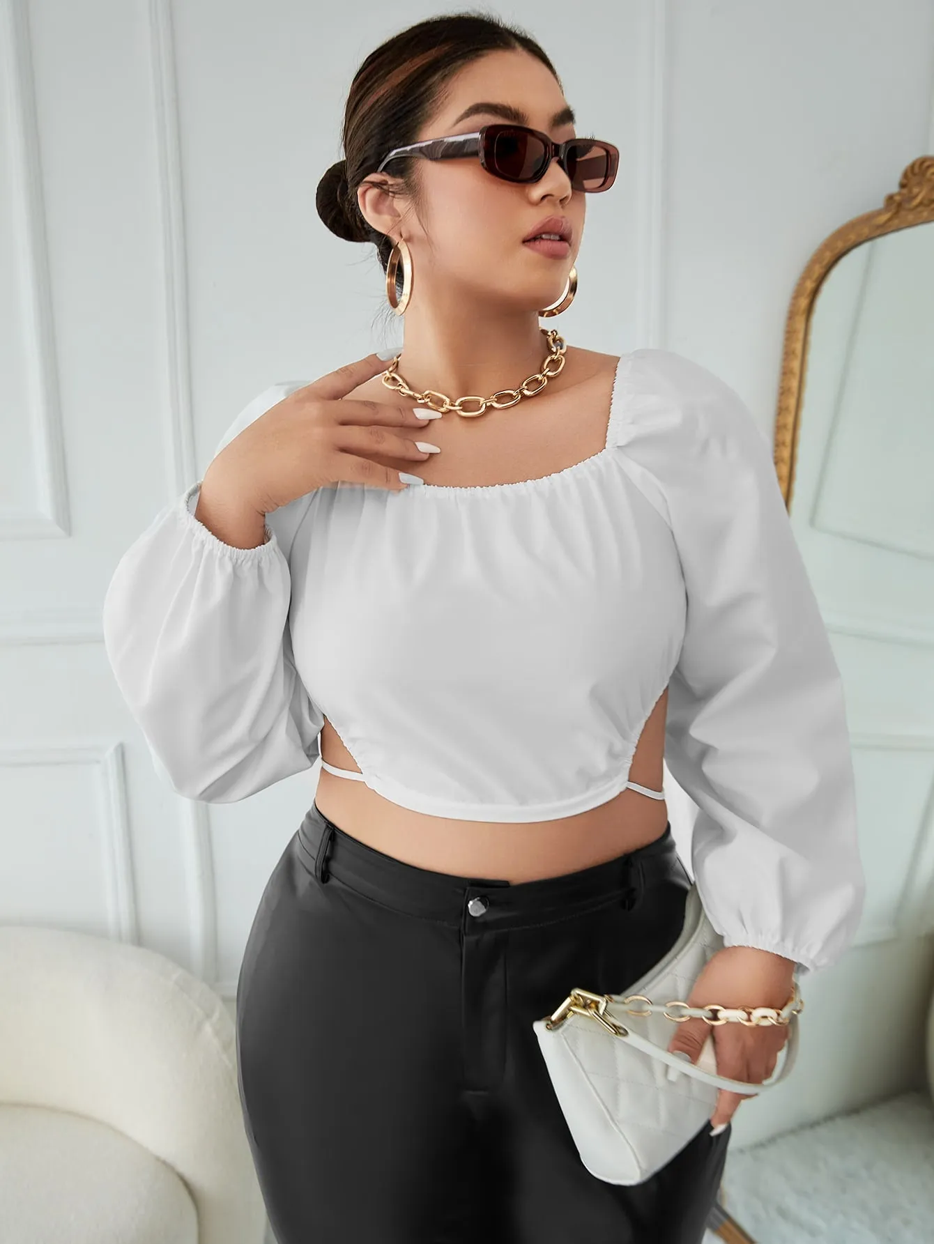 Plain Tie Back Long Sleeve Square Neck Crop Plus Size Blouse