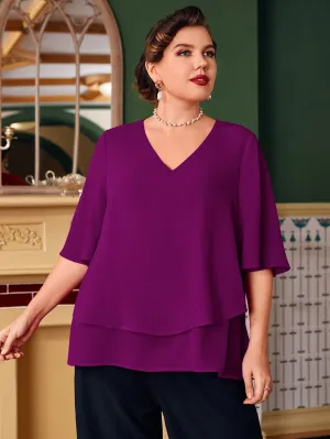 Plain Tiered Layer Half Sleeve V Neck Regular Plus Size Blouse