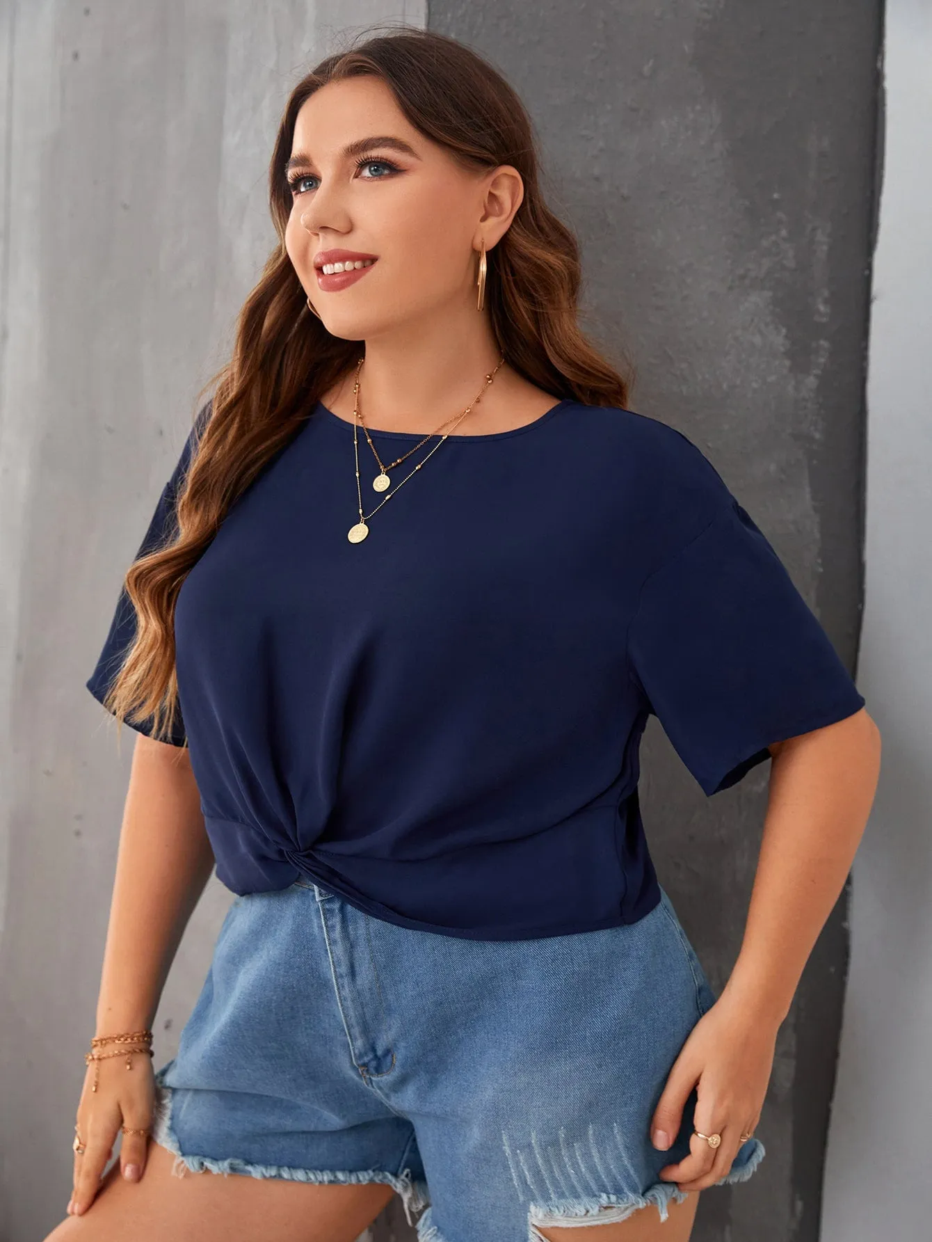 Plain Twist Short Sleeve Round Neck Regular Plus Size Blouse