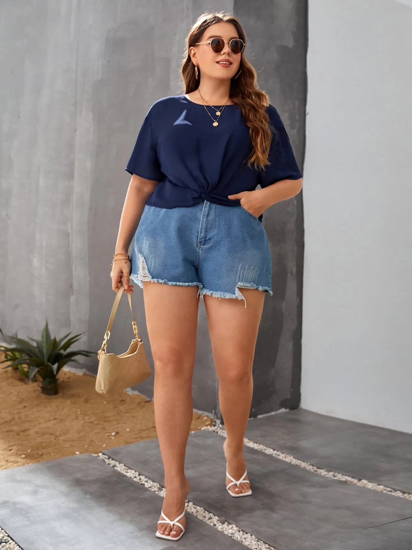 Plain Twist Short Sleeve Round Neck Regular Plus Size Blouse