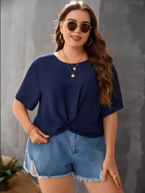 Plain Twist Short Sleeve Round Neck Regular Plus Size Blouse