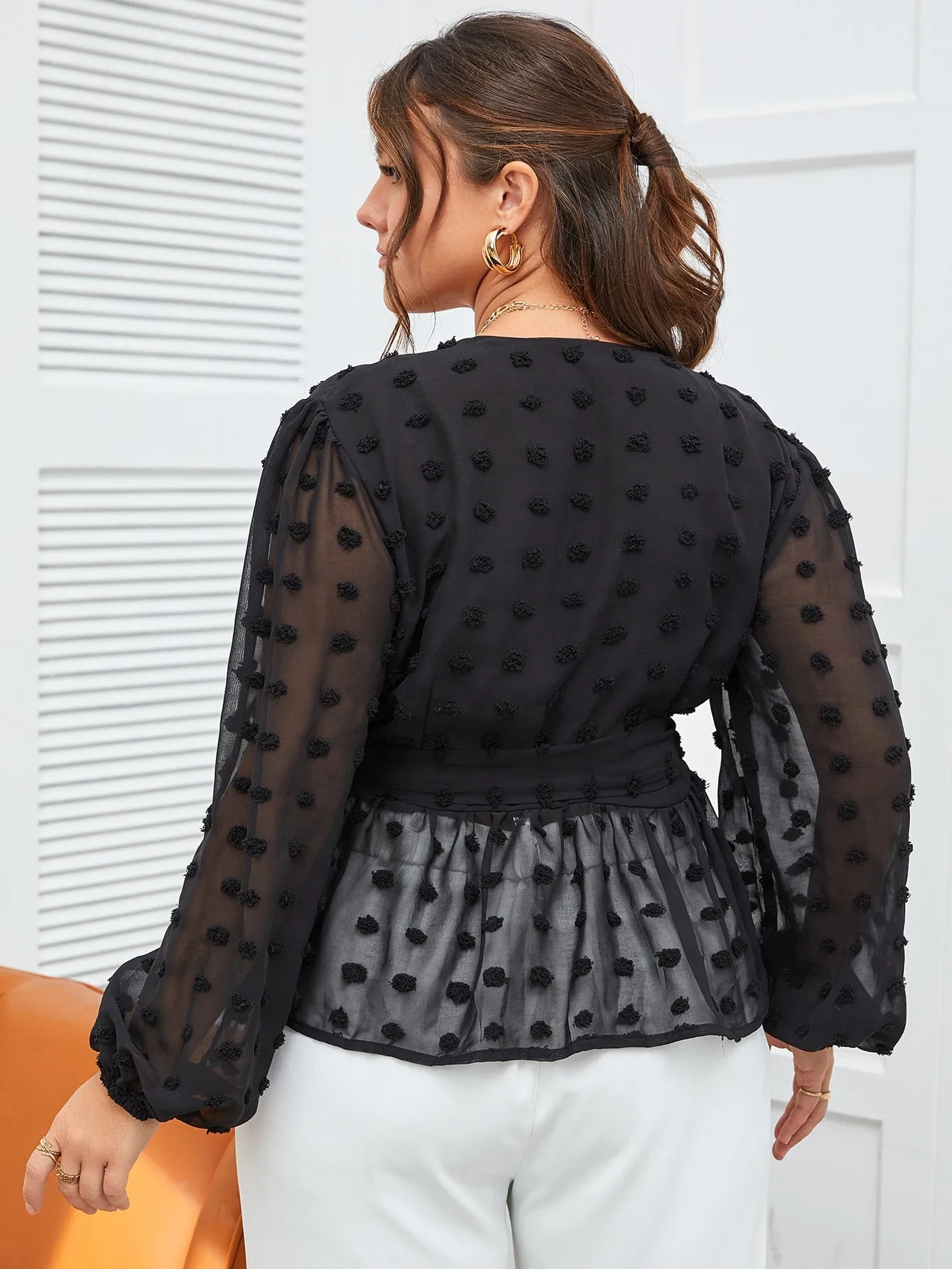 Plain Wrap Long Sleeve V Neck Semi-Sheer Flared Regular Plus Size Blouse