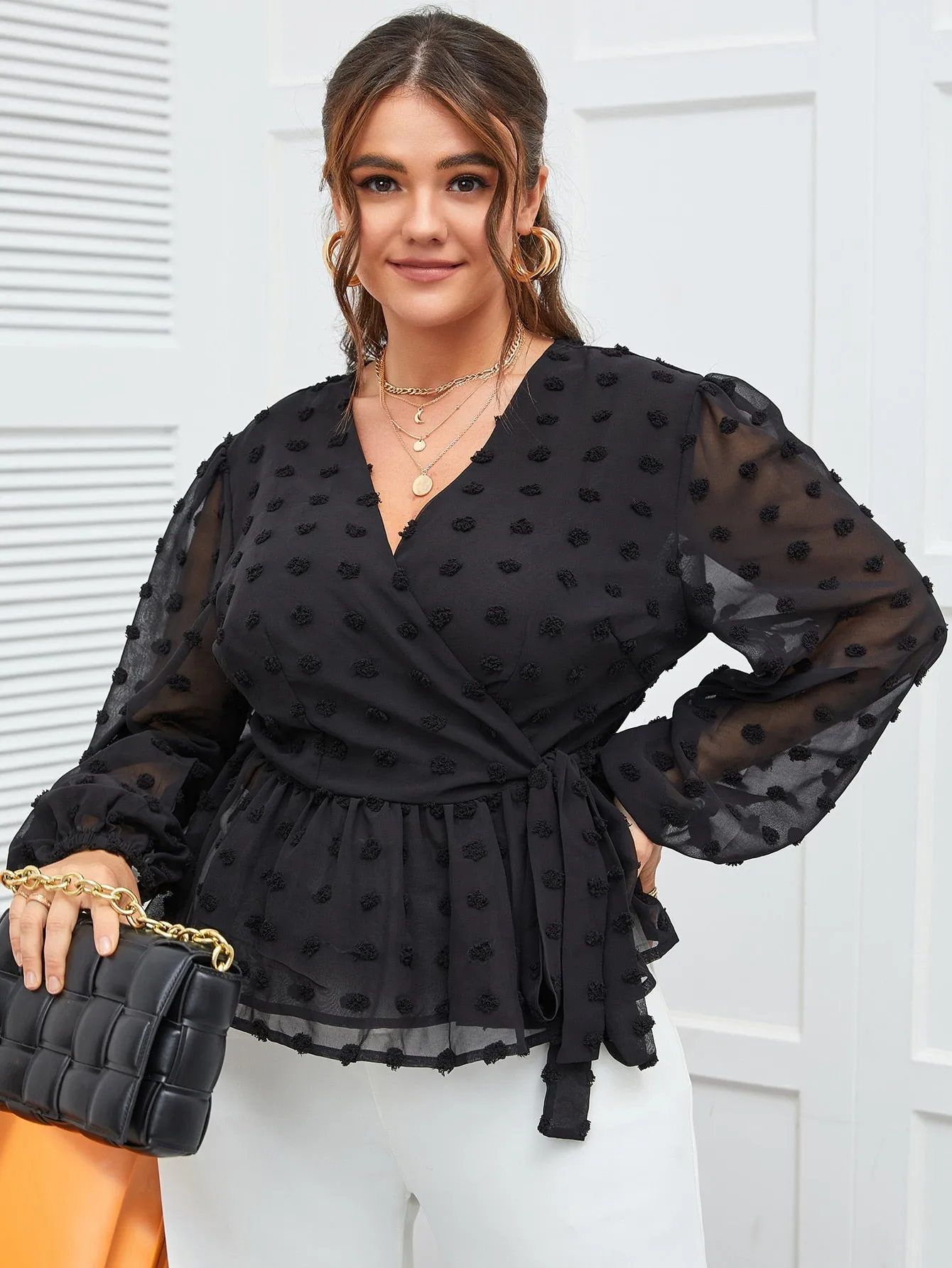 Plain Wrap Long Sleeve V Neck Semi-Sheer Flared Regular Plus Size Blouse