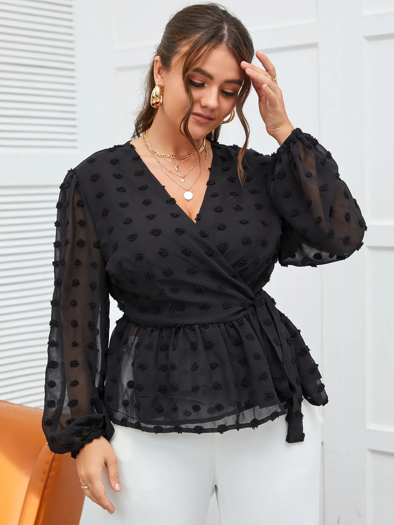 Plain Wrap Long Sleeve V Neck Semi-Sheer Flared Regular Plus Size Blouse