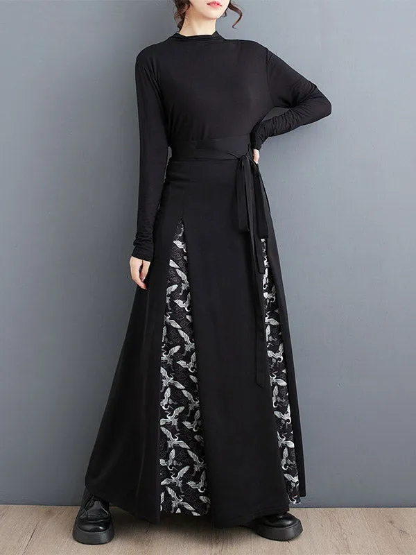 Pleated Printed Split-Joint Tied Waist A-Line High Waisted Skirts