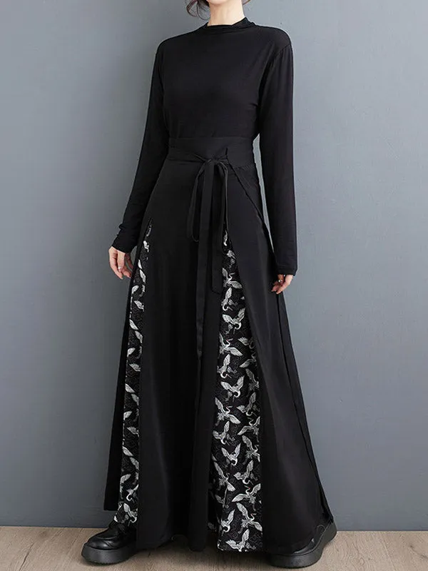 Pleated Printed Split-Joint Tied Waist A-Line High Waisted Skirts