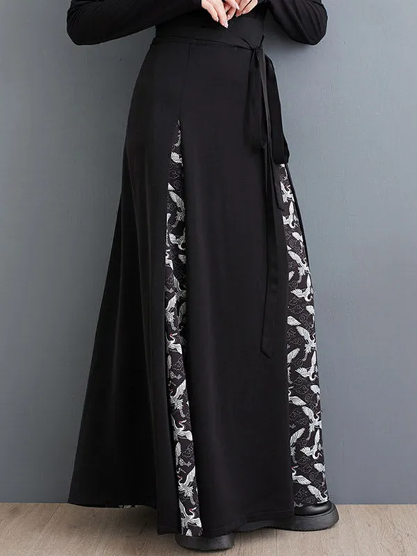 Pleated Printed Split-Joint Tied Waist A-Line High Waisted Skirts