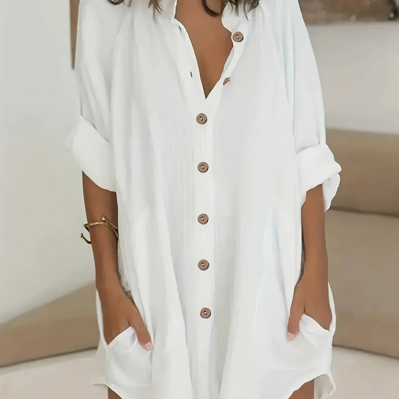 Plus Size Simple Solid Shirt, Casual Button Front Long Sleeve Shirt