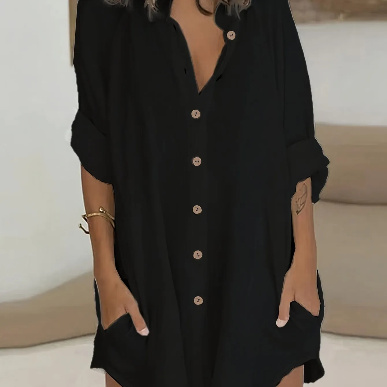 Plus Size Simple Solid Shirt, Casual Button Front Long Sleeve Shirt